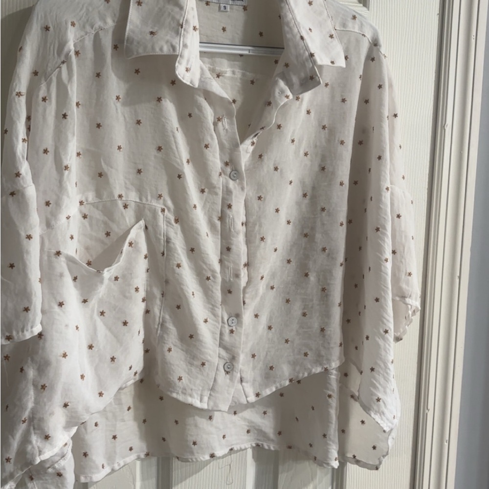 Women's White Button Down Shirt with Star Pattern